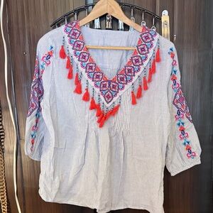 Embroidered Women's Top with Red Accents